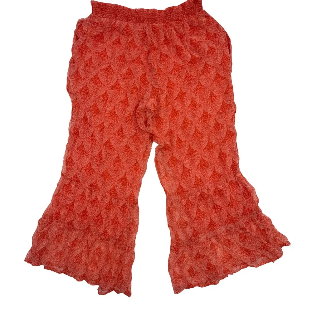 Sundance Coral Orange Leaf Print Cupro Wide Leg Ruffle Hem Pants Womens Large